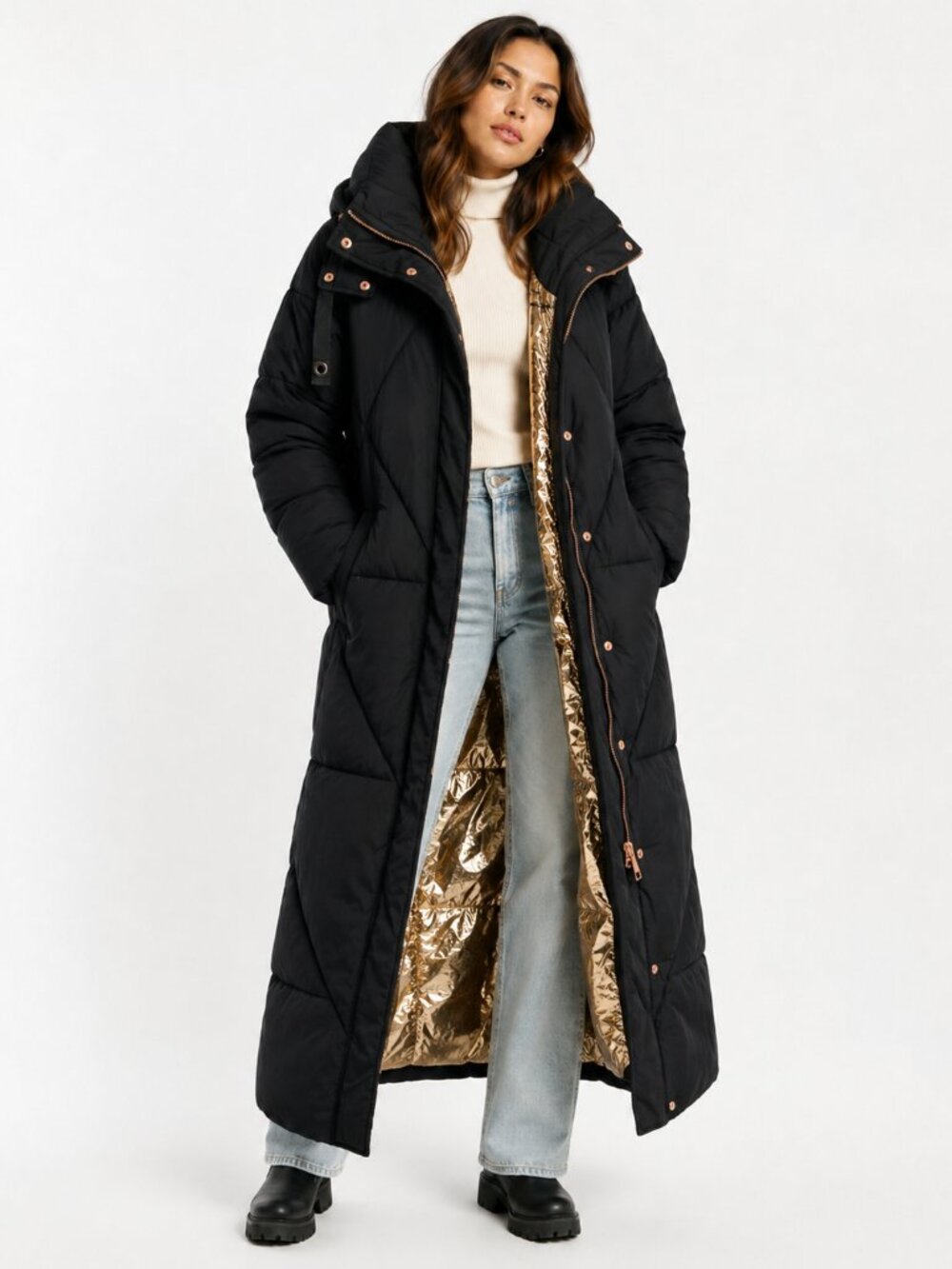 Avec Les Filles Women’s XS Black Hooded Maxi Puffer Coat NWT